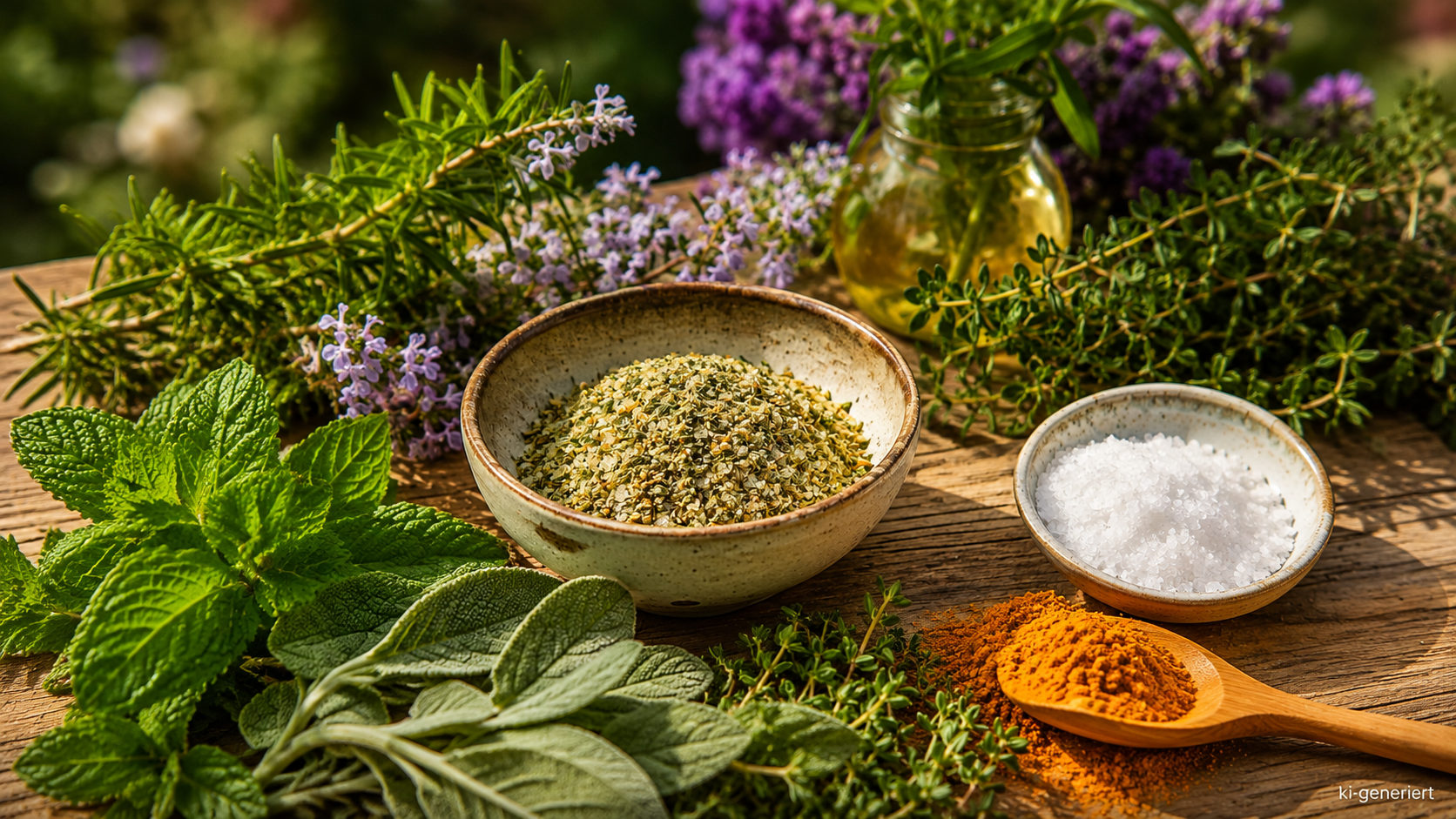 Selbstgemachtes sommerliches Kräutersalz mit Rosmarin, Thymian, Bohnenkraut, Salbei, Minze, Meersalz und Kurkuma